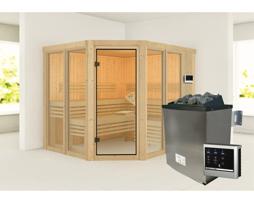 Houten hoeksauna met glazen deur en saunakachel
