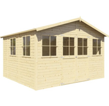 Houten tuinhuis met ramen en dubbele deur