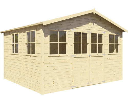 Houten tuinhuis met ramen en dubbele deur