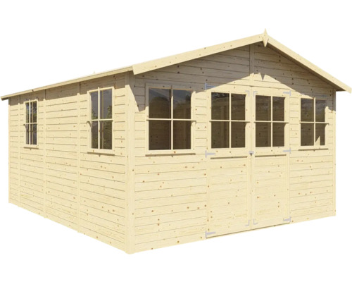Houten tuinhuis met ramen en dubbele deur