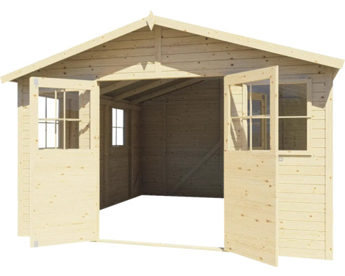 Open houten tuinhuis met ramen