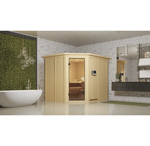 Houten hoeksauna met glazen deur in een badkamer met bad en wastafel.