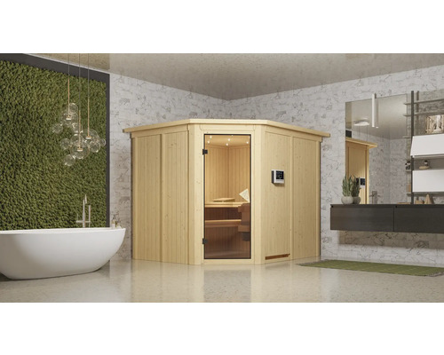 Houten hoeksauna met glazen deur in een badkamer met bad en wastafel.