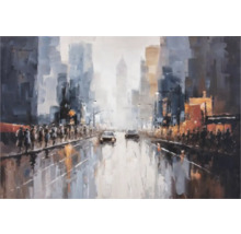 Schilderij van een drukke stadsstraat met mensen en auto''s