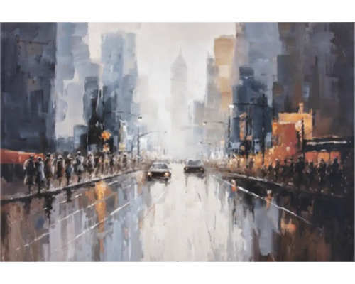 Schilderij van een drukke stadsstraat met mensen en auto''s