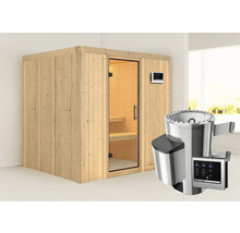Houten sauna met glazen deur en saunakachel