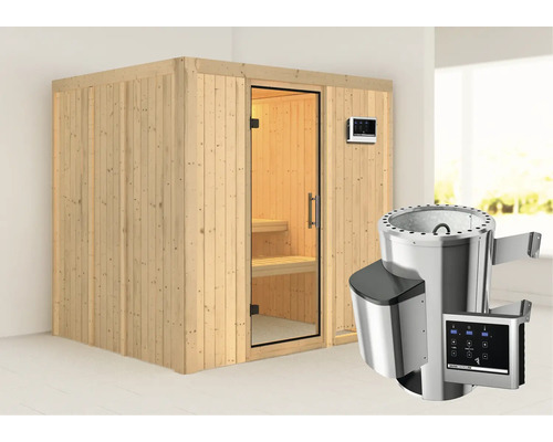 Houten sauna met glazen deur en saunakachel