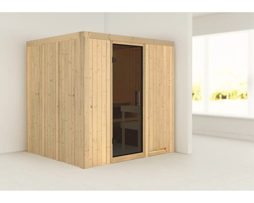 Houten sauna met glazen deur in een lichte ruimte