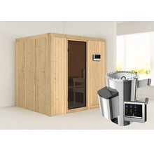 Houten sauna met glazen deur en kachel
