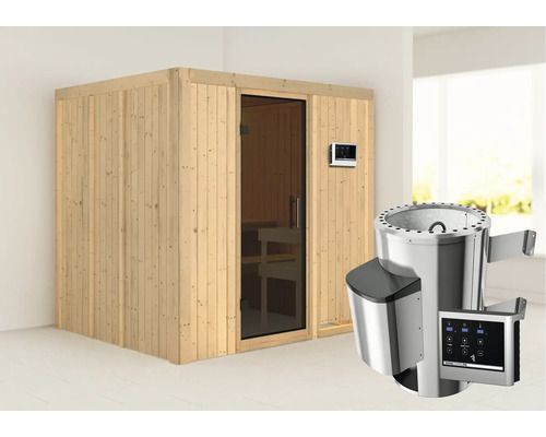 Houten sauna met glazen deur en kachel