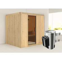 Sauna met glazen deur en saunakachel