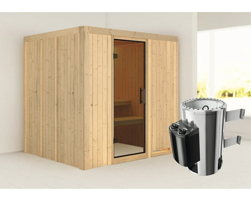 Sauna met glazen deur en saunakachel
