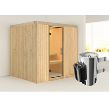 Houten sauna met glazen deur en saunakachel