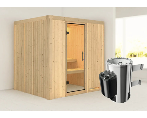 Houten sauna met glazen deur en saunakachel