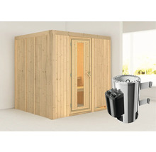 Houten sauna met glazen deur en saunakachel