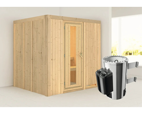 Houten sauna met glazen deur en saunakachel