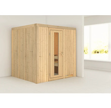 Houten sauna met glazen deur in een lichte ruimte