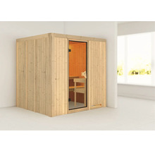 Houten sauna met glazen deur in een lichte ruimte