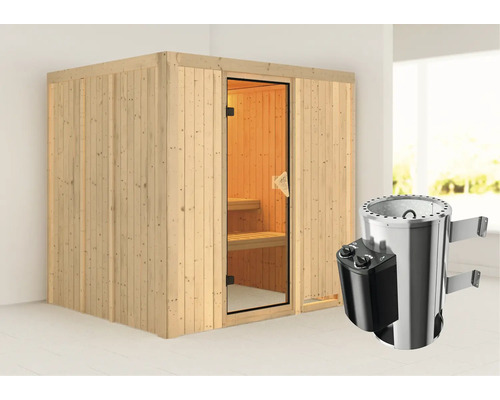 Houten sauna met glazen deur en saunakachel