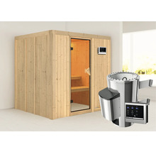 Houten sauna met glazen deur en saunakachel