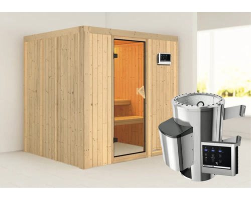 Houten sauna met glazen deur en saunakachel