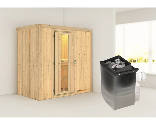 Houten sauna met kachel en saunastenen
