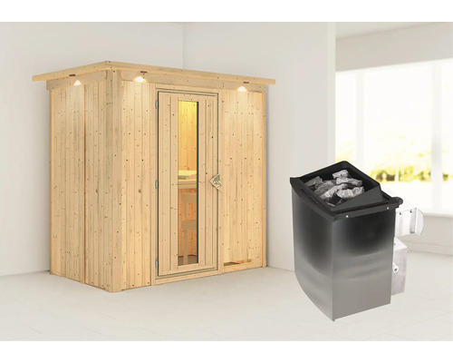 Houten sauna met kachel in de kamer