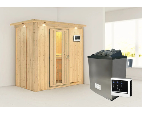 Houten sauna met saunakachel en bediening in de ruimte