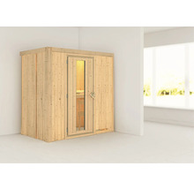 Houten sauna met glazen deur in een lichte ruimte