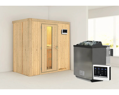 Houten sauna met saunakachel en bedieningseenheid in een lichte ruimte