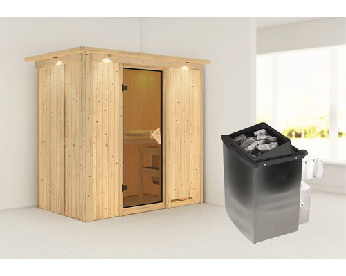 Sauna met saunakachel en glazen voorkant in de binnenruimte