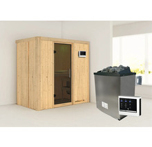 Houten sauna met glazen deur en saunakachel met stenen