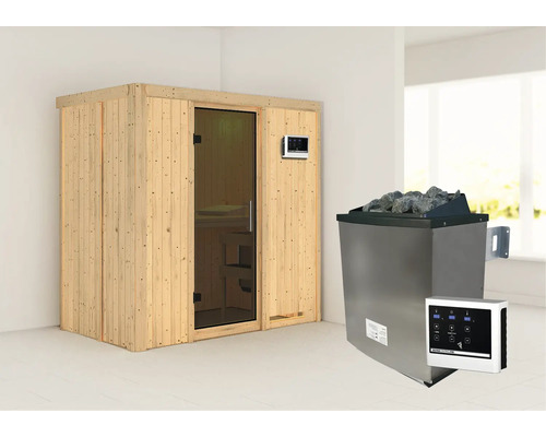 Houten sauna met glazen deur en saunakachel met stenen