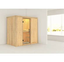 Houten sauna met glazen deur in een lichte ruimte