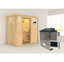Houten sauna met saunakachel, stenen en bediening