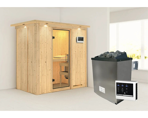 Houten sauna met saunakachel, stenen en bediening
