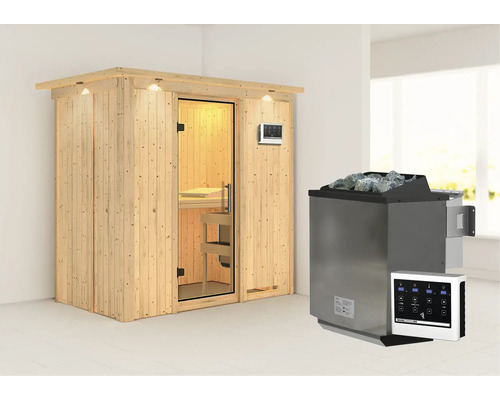 Sauna met saunakachel en bedieningselementen in een lichte ruimte