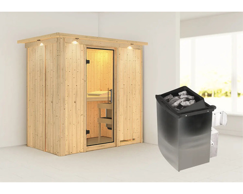 Houten sauna met saunakachel en saunastenen
