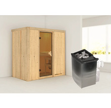 Houten sauna met glazen deur en saunakachel