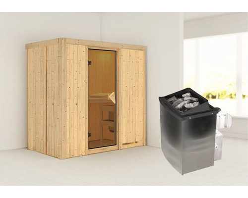 Houten sauna met glazen deur en saunakachel