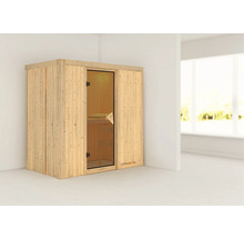 Houten sauna met glazen deur in een lichte ruimte