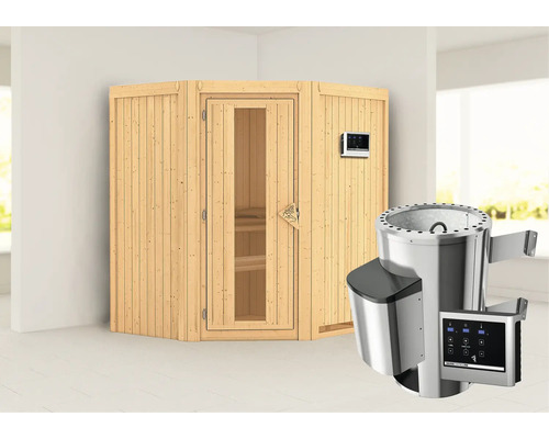 Houten sauna met glazen deur, digitaal bedieningspaneel en saunakachel