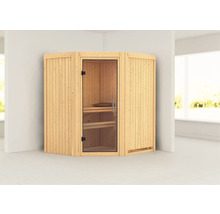 Houten hoeksauna met glazen deur