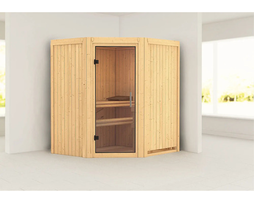 Houten hoeksauna met glazen deur