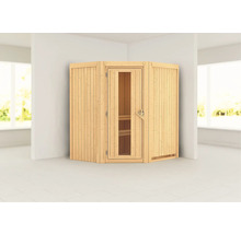 Houten hoeksauna met glazen deur
