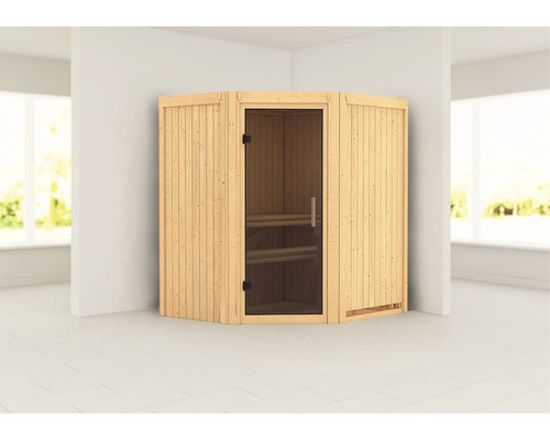 Houten hoeksauna met glazen deur.
