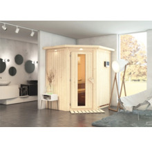 Interieurfoto met een houten sauna, wastafels en spiegels.