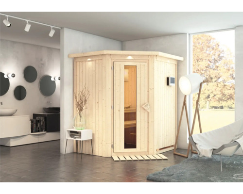 Interieurfoto met een houten sauna, wastafels en spiegels.