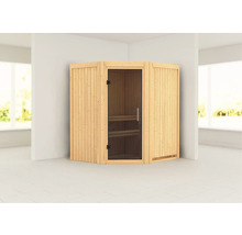 Houten hoeksauna met glazen deur