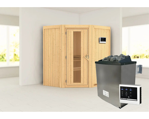 Hoeksauna met saunaoven en bediening
